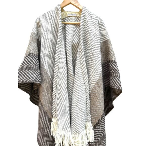 Churchill Handwoven Wool Fringe Wrap Poncho Shawl | Brown Grey *EUC* - Picture 1 of 16